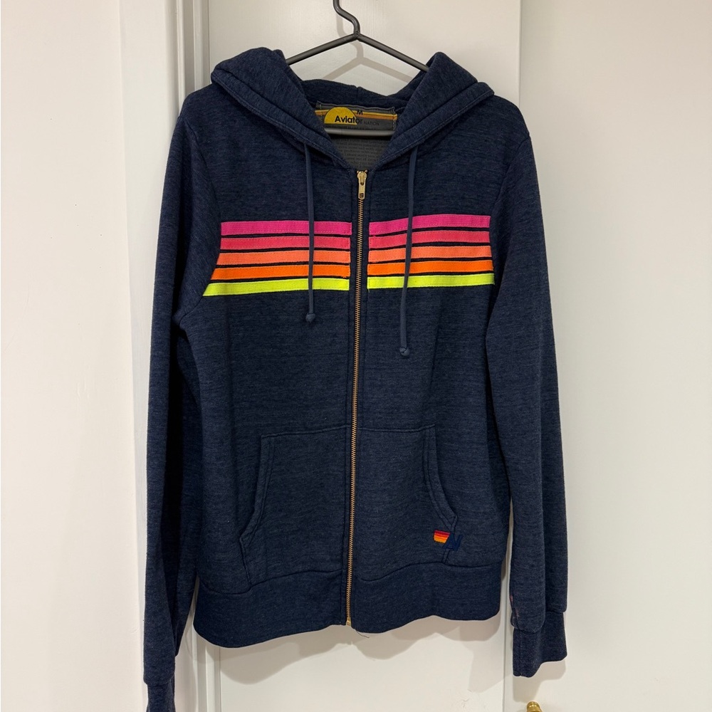 Aviator Nation Heather Navy 5 Strip Hoodie - Unisex Medium